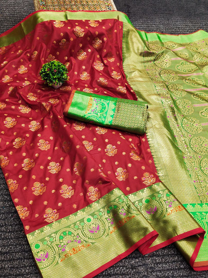 Soft Lichi Silk Saree With Gold Zari Weaving With Rich Pallu