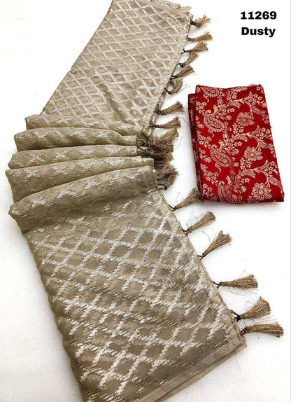 Chiffon Geometrical Weaving Saree With Silver Zari Weaving