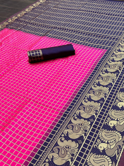 Pink and Blue Soft Lichi Silk With Checks Design and Zari Weaving