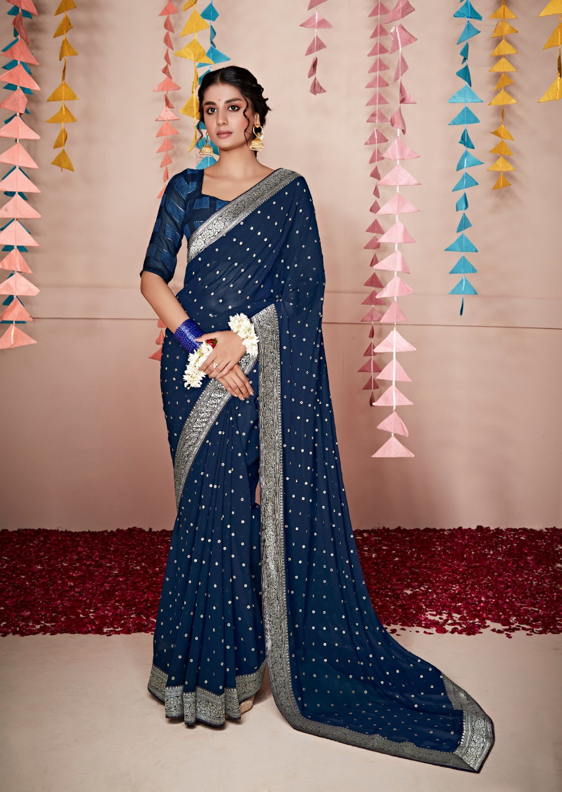 Georgette Saree With All Over Foil Print And Attached Weaving Border