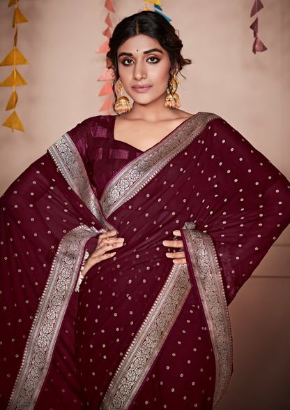 Georgette Saree With All Over Foil Print And Attached Weaving Border