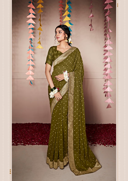 Georgette Saree With All Over Foil Print And Attached Weaving Border