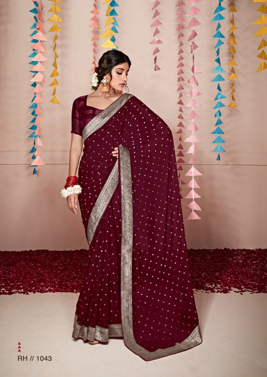 Georgette Saree With All Over Foil Print And Attached Weaving Border