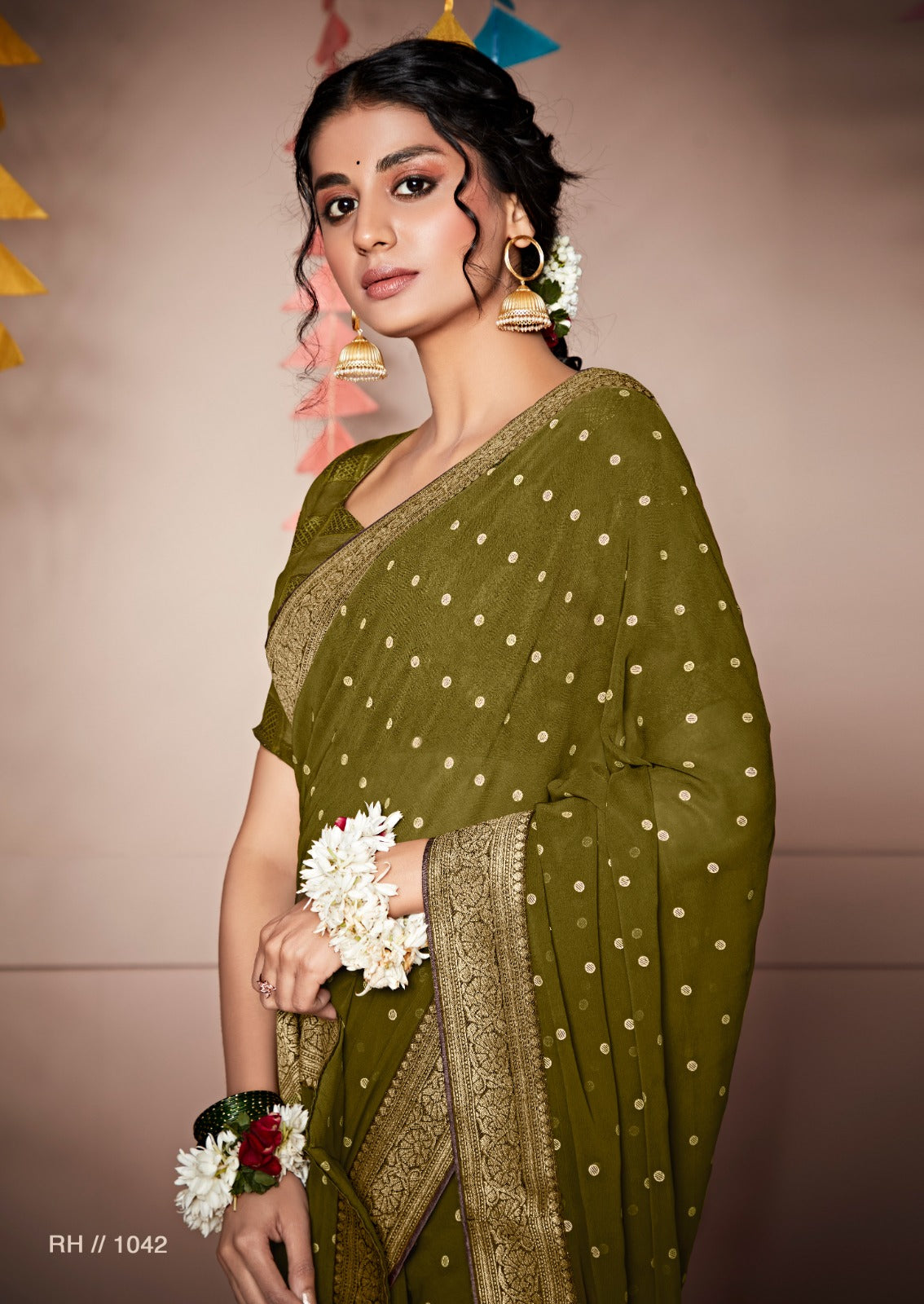 Georgette Saree With All Over Foil Print And Attached Weaving Border