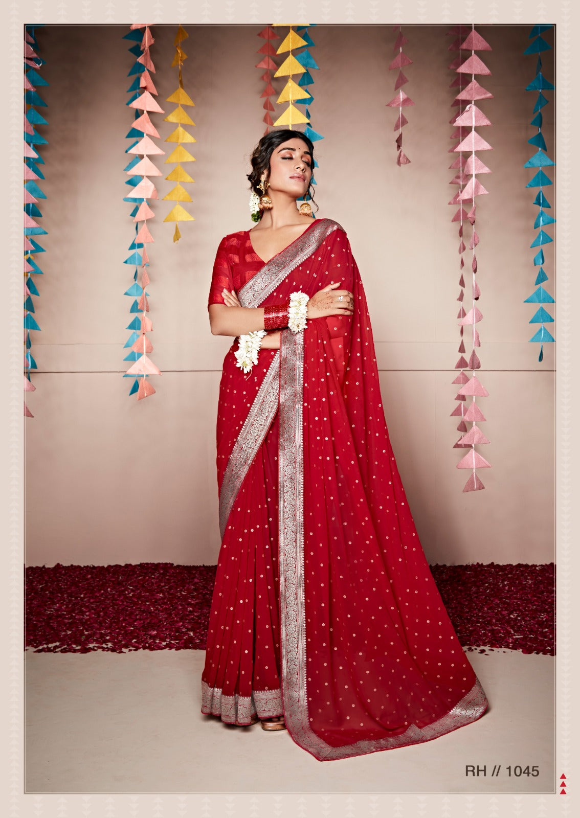 Georgette Saree With All Over Foil Print And Attached Weaving Border