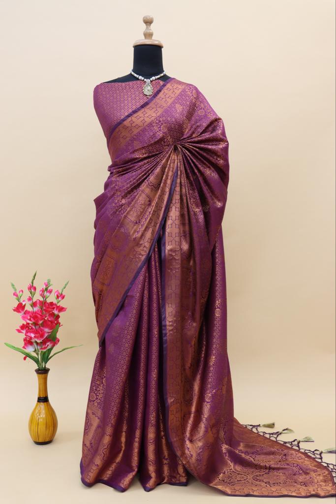 Banarasi Silk Saree With Jaqucard Copper Weaving and Zari Weaving