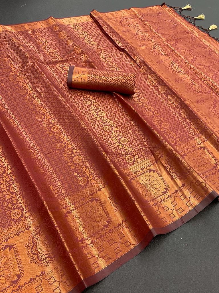 Banarasi Silk Saree With Jaqucard Copper Weaving and Zari Weaving