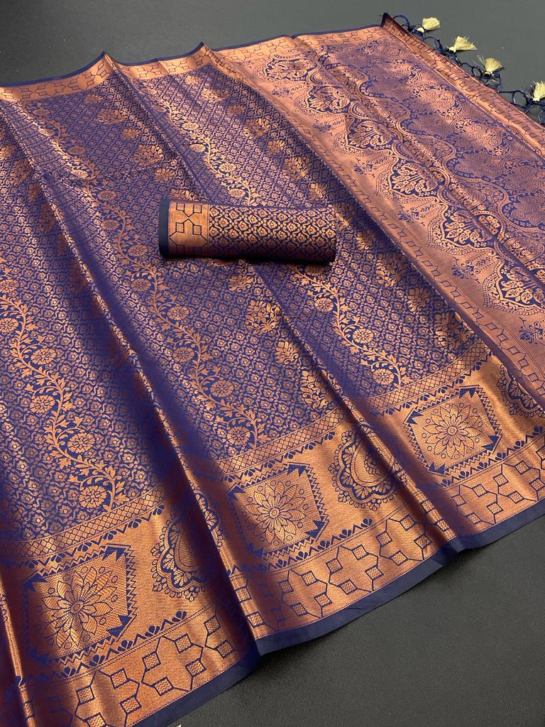 Banarasi Silk Saree With Jaqucard Copper Weaving and Zari Weaving