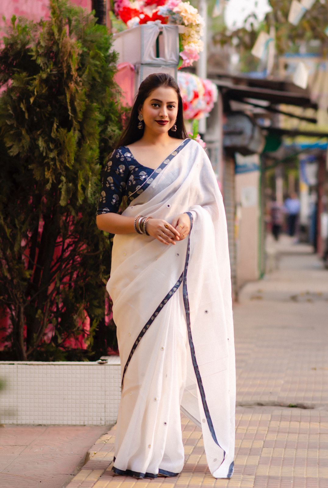 Soft Linen Saree With Mirror Work Allover And Patched Fabric Border