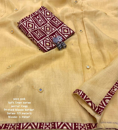 Soft Linen Saree With Mirror Work Allover And Patched Fabric Border