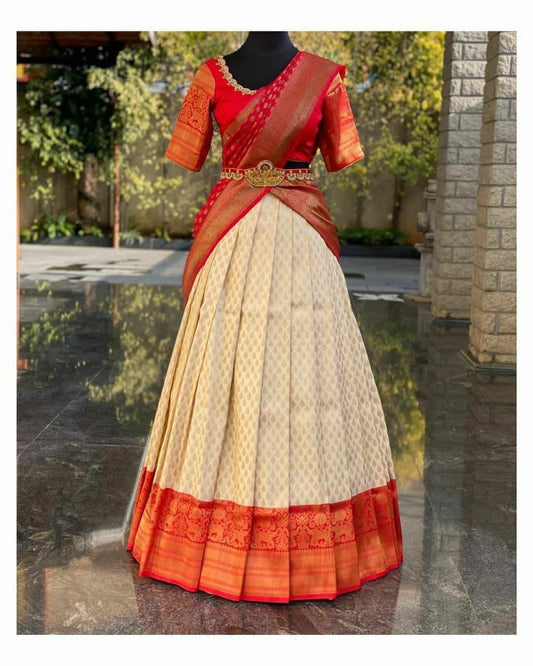 Cream With Red Semi Sticth Lehenga Choli