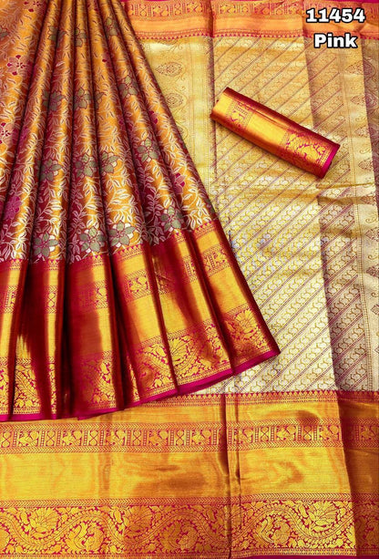 Kanjiviram Pattu Silk With Gold Zari Weaving With Contrast Weaving Border