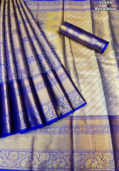 Kanjiviram Pattu Silk With Gold Zari Weaving With Contrast Weaving Border