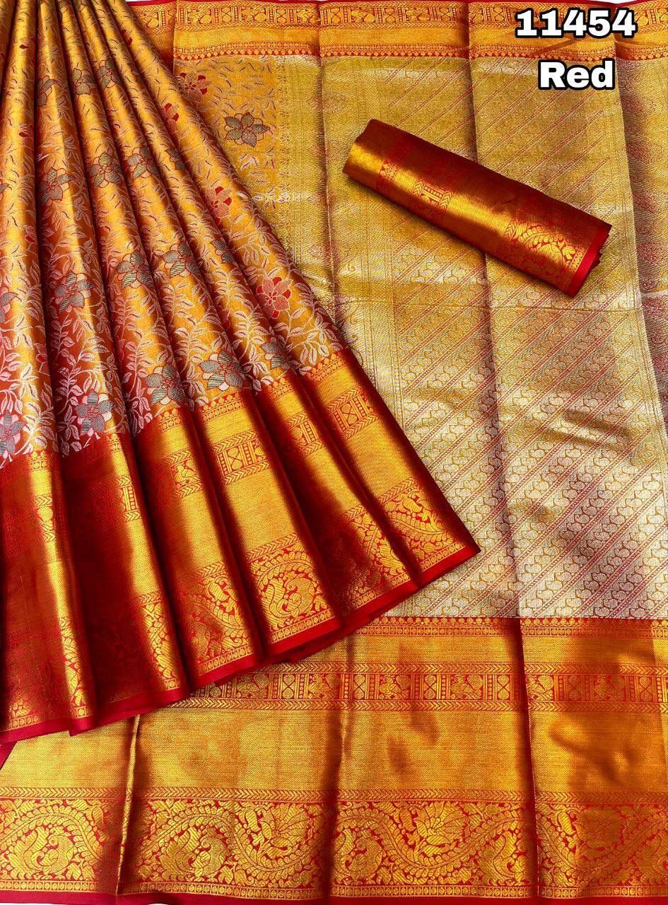 Kanjiviram Pattu Silk With Gold Zari Weaving With Contrast Weaving Border