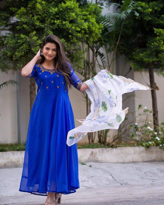 Royal Blue Georgette Embroidery Gown With Organza Duppatta
