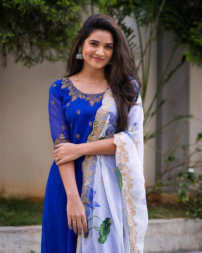 Royal Blue Georgette Embroidery Gown With Organza Duppatta