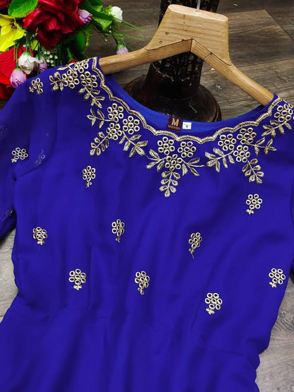 Royal Blue Georgette Embroidery Gown With Organza Duppatta