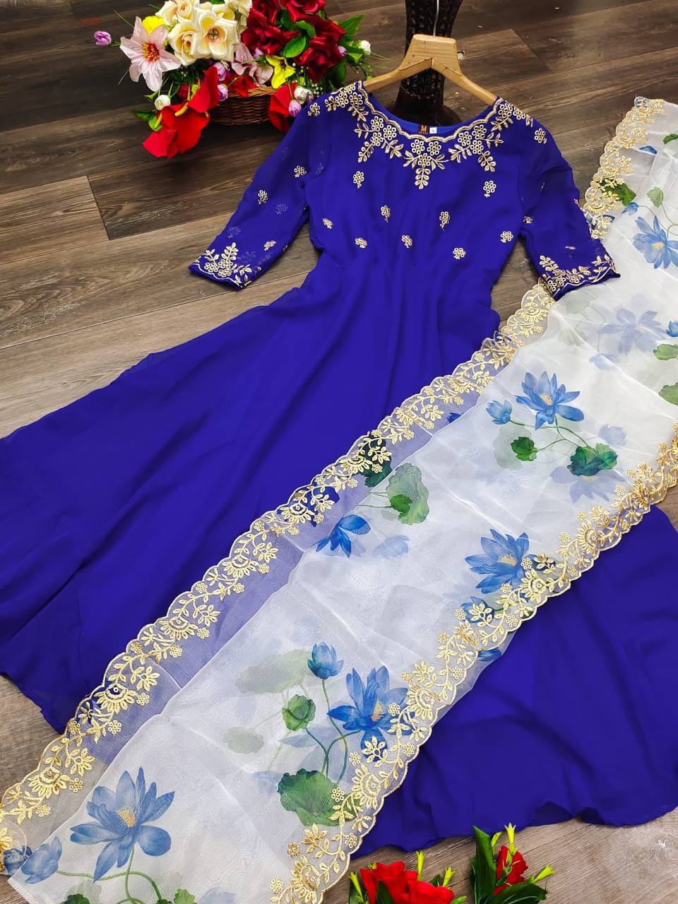 Royal Blue Georgette Embroidery Gown With Organza Duppatta