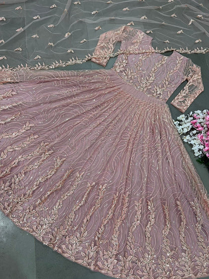 Pink Soft Butterfly Net With Heavy Embroidery Gown