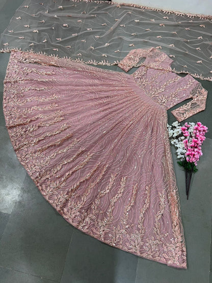 Pink Soft Butterfly Net With Heavy Embroidery Gown