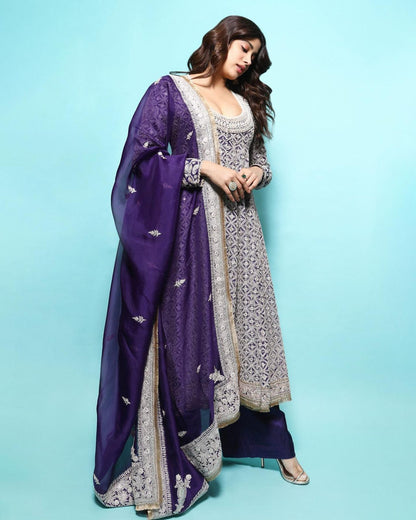 Blue Soft Georgette Gown With Heavy Embroidery Seuqence With Fancy Lace