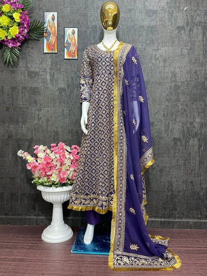 Blue Soft Georgette Gown With Heavy Embroidery Seuqence With Fancy Lace