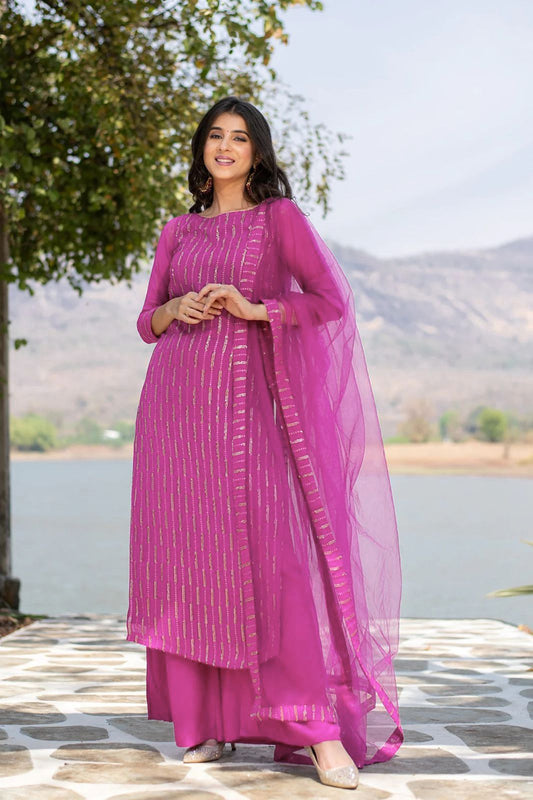 Pink Soft Georgette Thred With Sequcence Work Plazo Set
