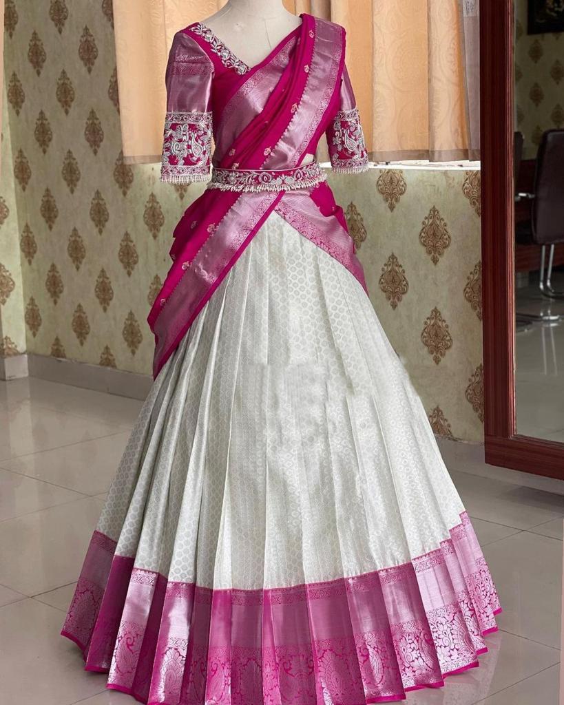 White and Pink Kanjivaram Silk Zari Lehenga With Jacquard Zari Weaving Duppatta