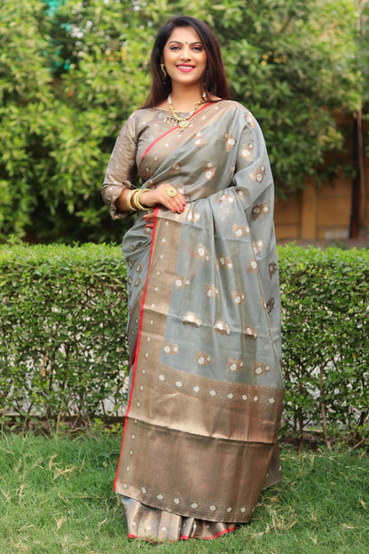 Organza Silk Saree With Light Gold and Silver Zari Weaving