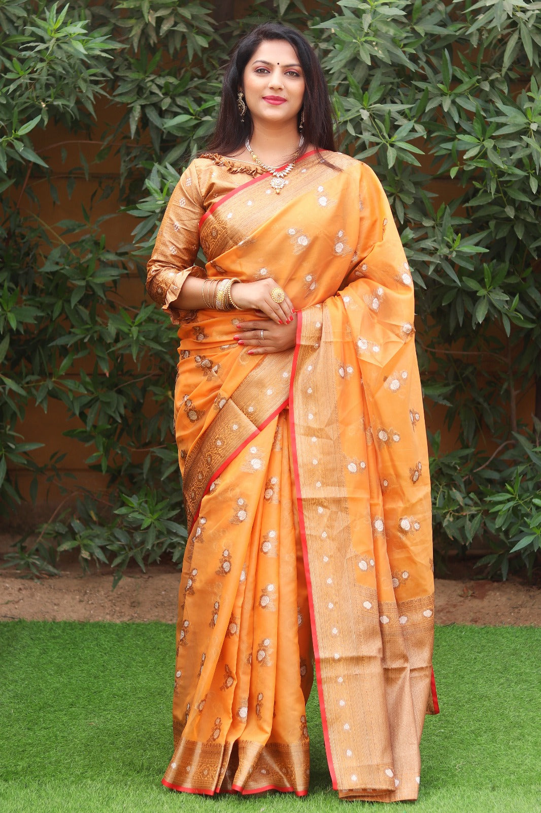 Organza Silk Saree With Light Gold and Silver Zari Weaving