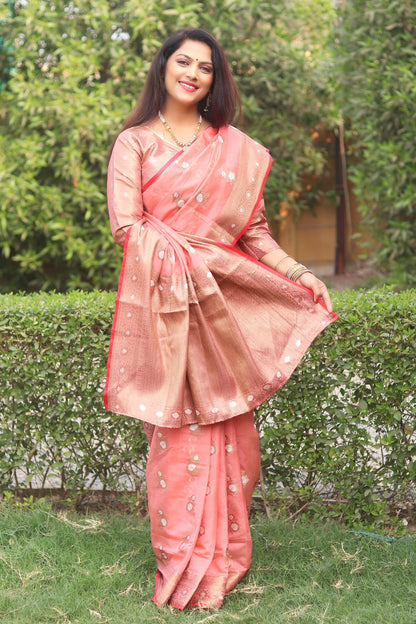 Organza Silk Saree With Light Gold and Silver Zari Weaving