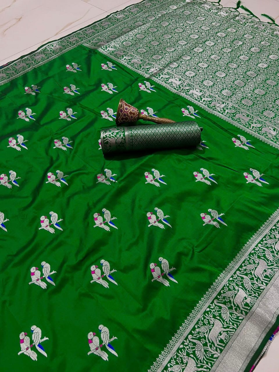 Soft Silk Saree With Silver Zari Work and Parrot Design Weaving