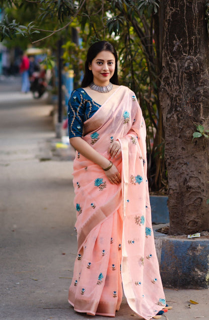 Soft Linen Saree With Embroidery and Designer Blouse