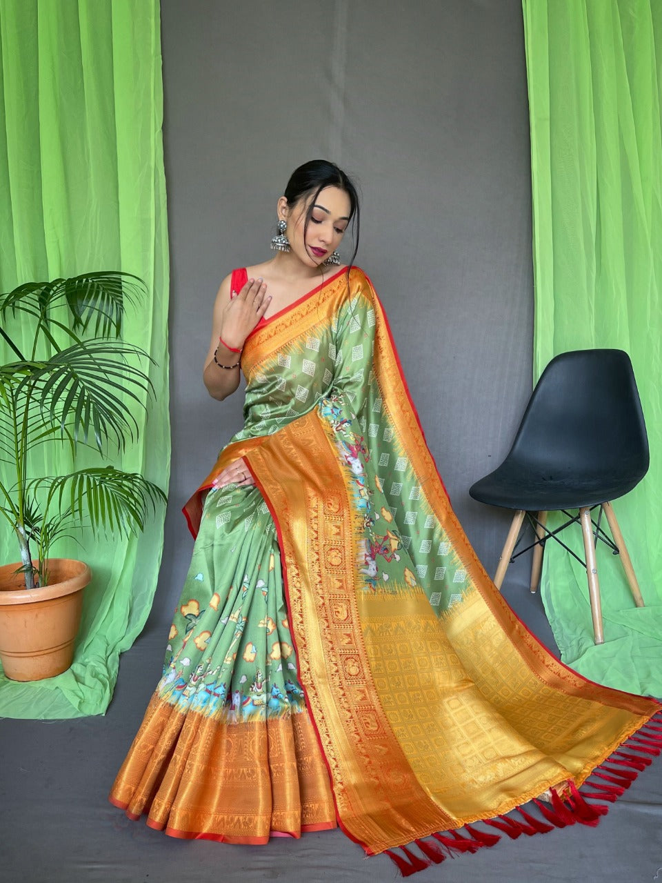 Kanchipuram Silk Digital Printed Kalamkari Saree