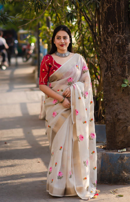 Soft Linen Saree With Embroidery and Designer Blouse