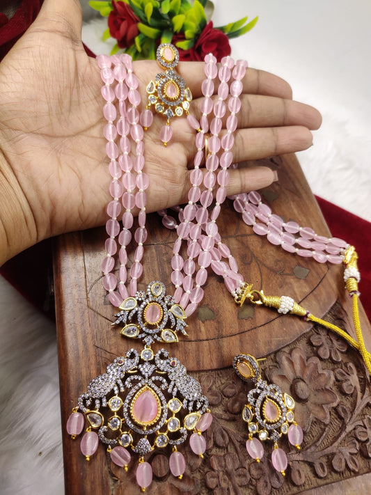 Baby Pink Victoria Finished Pendent Set With Monalisa Beads Haram