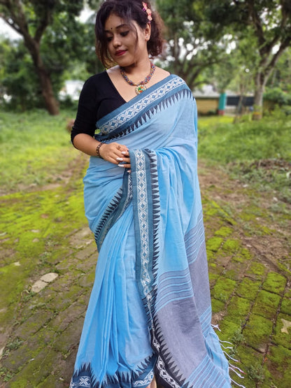 Soft Plain Cotton Saree With Floral Border