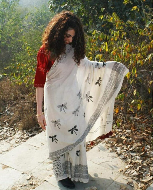 White and Black Cotton Saree From Bengal