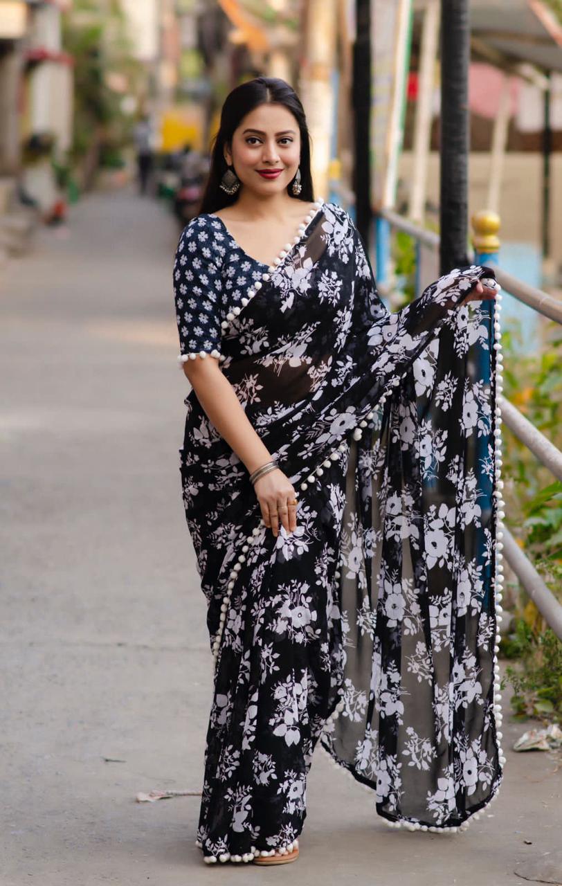 Black Georgette Saree With Floral Print | Indian beauty saree, Saree look,  Saree designs