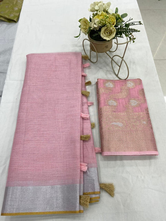 Soft Linen Saree with Zari Weaving and Designer Blouse