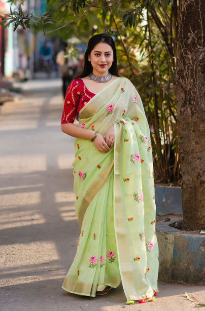 Soft Linen Saree With Embroidery and Designer Blouse